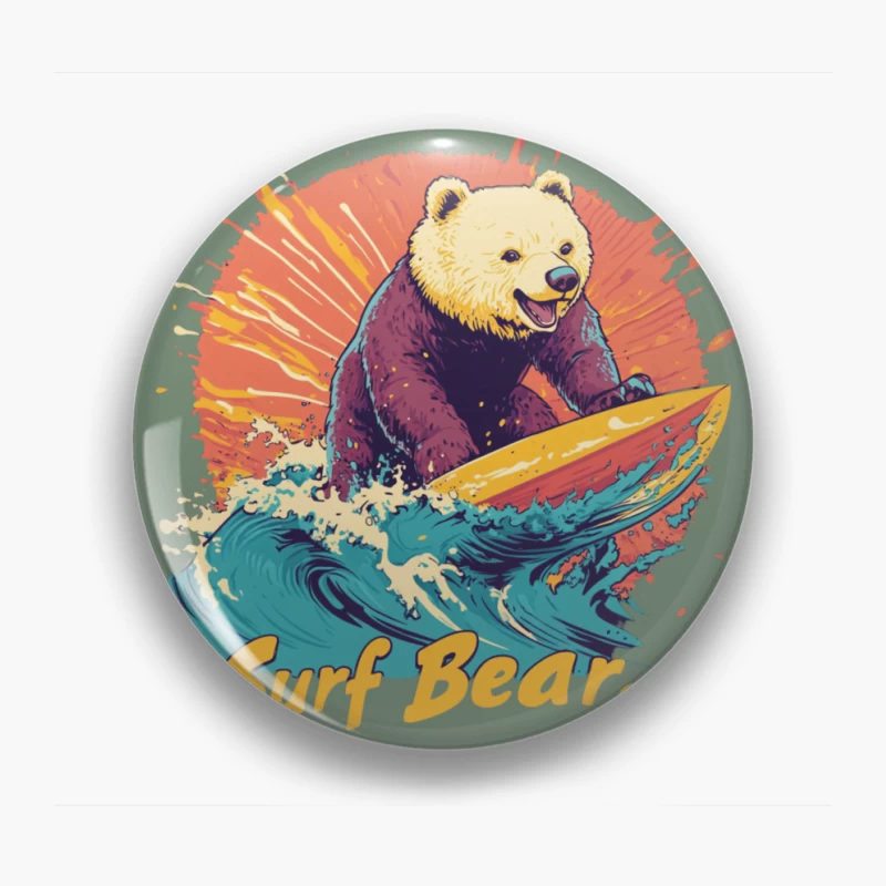 Colorful Cartoon Bear Surfing Vibrant Waves Pin