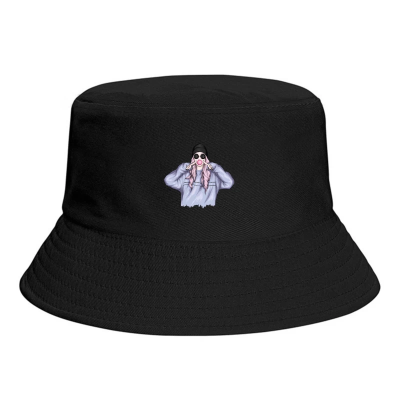 Playful Girl with Bubble Gum in Casual Outfit Bucket Hat