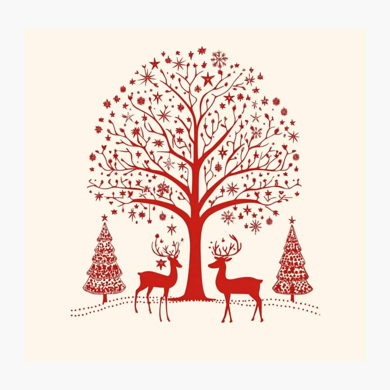 Festive Red Winter Scene with Reindeer and Snowflake Tree Throw Pillow