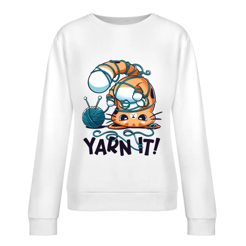 Yarn It! Whimsical Cat Illustration Female Pullover Sweatshirt