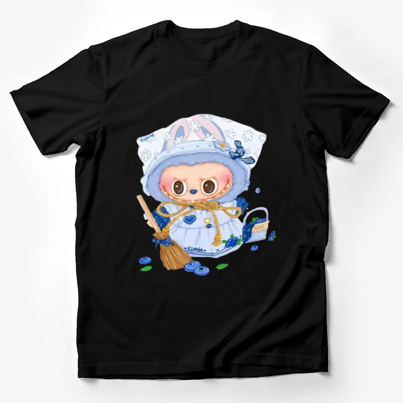 Niedliches Kaninchen mit Besen in Blau und Weiß Herren T-Shirt