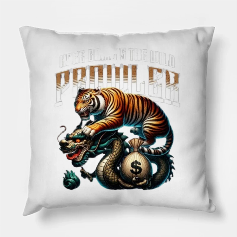 Tiger and Dragon Fighting Over Money: Symbolic Power Artwork Throw Pillow