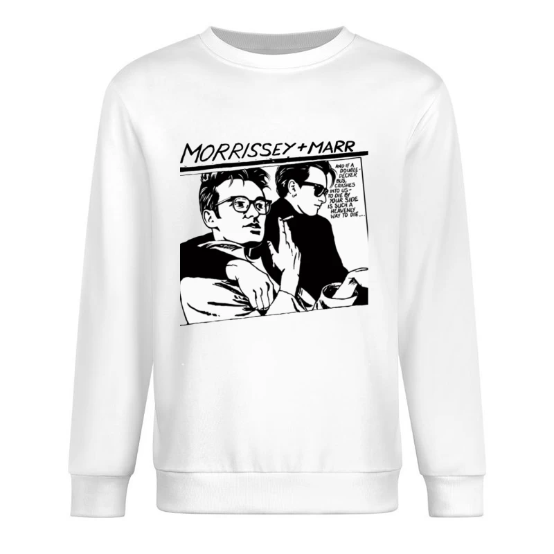 Black and White Comic Style Portrait of Morrissey and Marr with Dark Humor Quote Male Pullover Sweatshirt