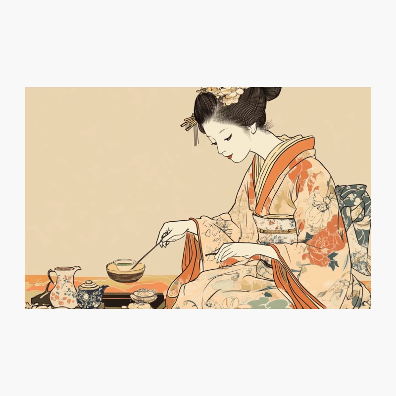 Elegant Geisha Performing Traditional Tea Ceremony in Vintage Japanese Illustration Travel Mug