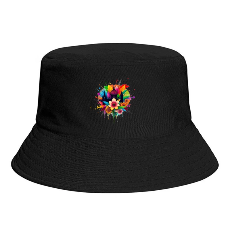 Vibrant Cathedral Silhouette with Rainbow Floral Splash Bucket Hat