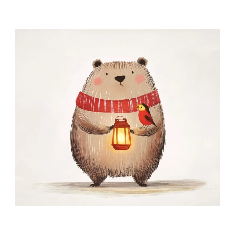 Cozy Bear with Lantern and Robin in Winter Illustration Tapestry