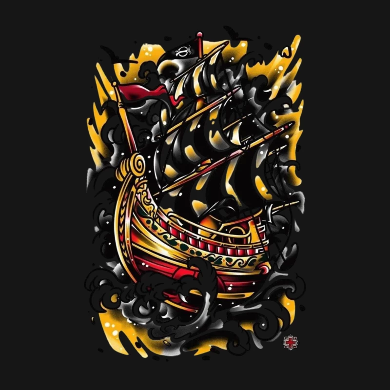 Artistic Pirate Ship Design Male Long Sleeve T-Shirt