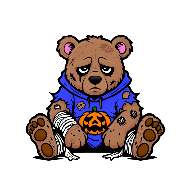 Sad Injured Teddy Bear in Blue Hoodie with Halloween Pumpkin Tapestry