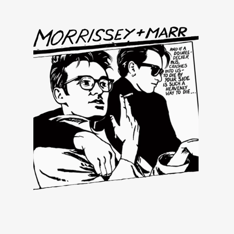 Black and White Comic Style Portrait of Morrissey and Marr with Dark Humor Quote Male Pullover Sweatshirt