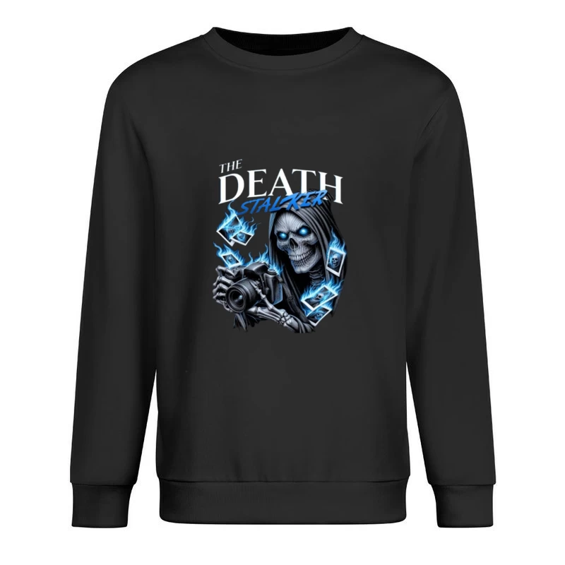 The Death Stalker: Skeletal Photographer with Blue Flames Male Pullover Sweatshirt