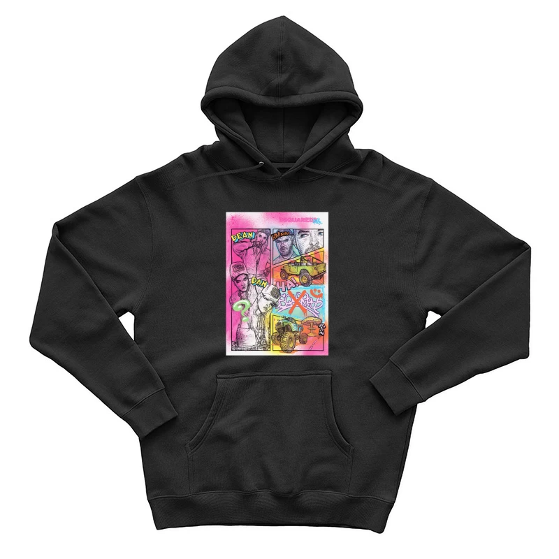 Bunte Comic-Collage mit Fahrzeugen und Figuren Herren Pullover Hoodie