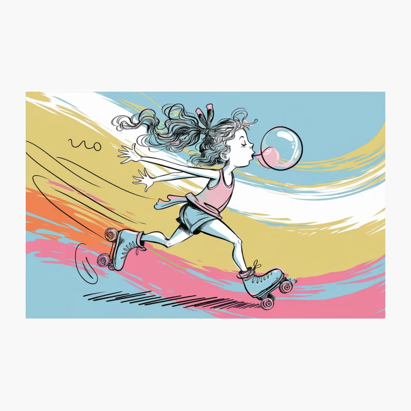 Whimsical Illustration of Girl Rollerskating with Bubble Gum Travel Mug