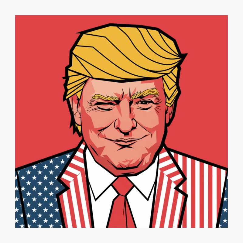 Patriotic Cartoon Illustration of Political Figure in American Flag Suit Pin