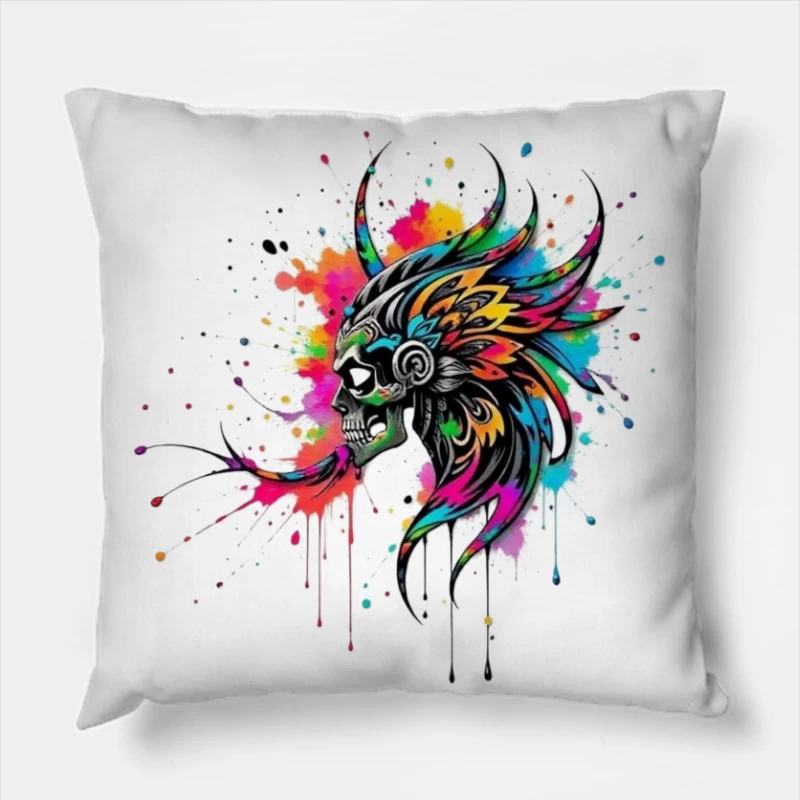 Colorful Tribal Skull Art Throw Pillow