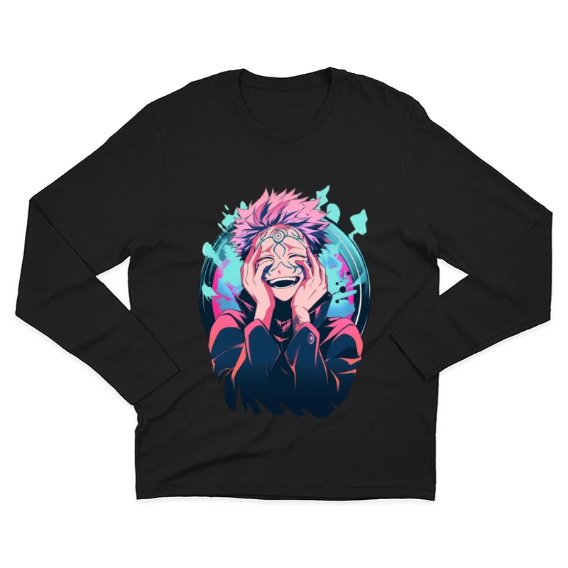 Lachender Anime-Charakter mit Muster Herren Langarm T-Shirt