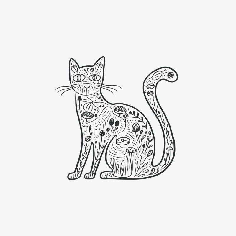 Whimsical Floral Cat: Nature-Inspired Line Drawing Female Long Sleeve T-Shirt