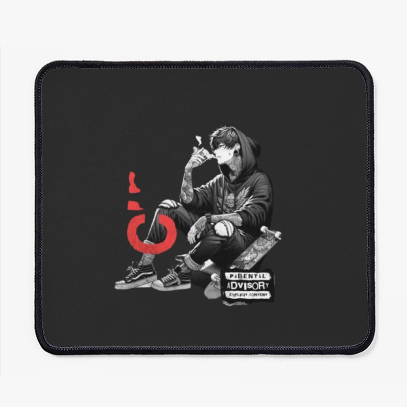 Urban Street Culture: Monochrome Skater Art with Parental Advisory Mouse Pad