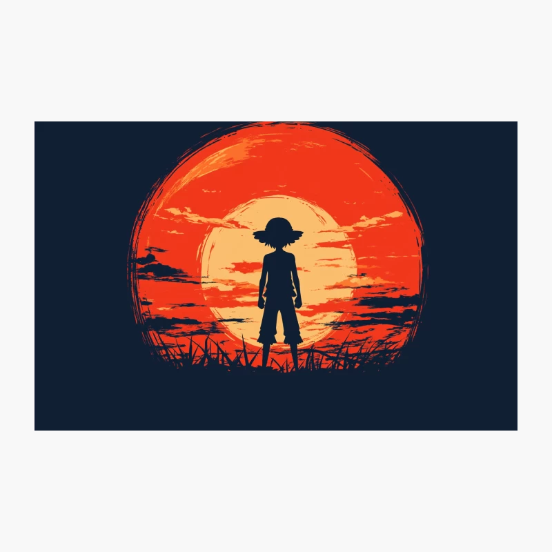 Silhouetted Straw Hat Figure Against Fiery Anime Sunset Travel Mug
