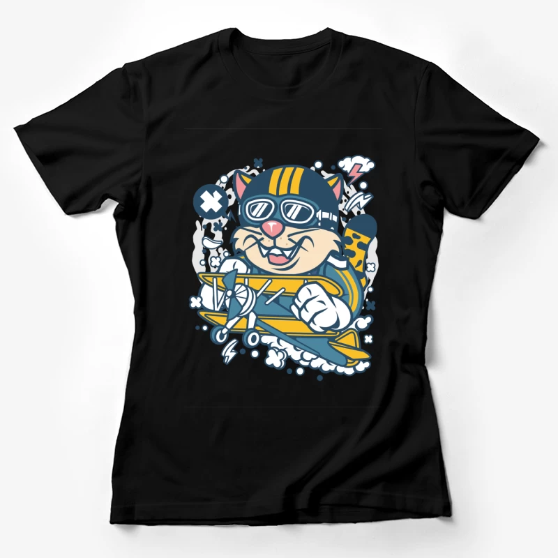 Chat aviateur avec avion biplan coloré Femme T-Shirt
