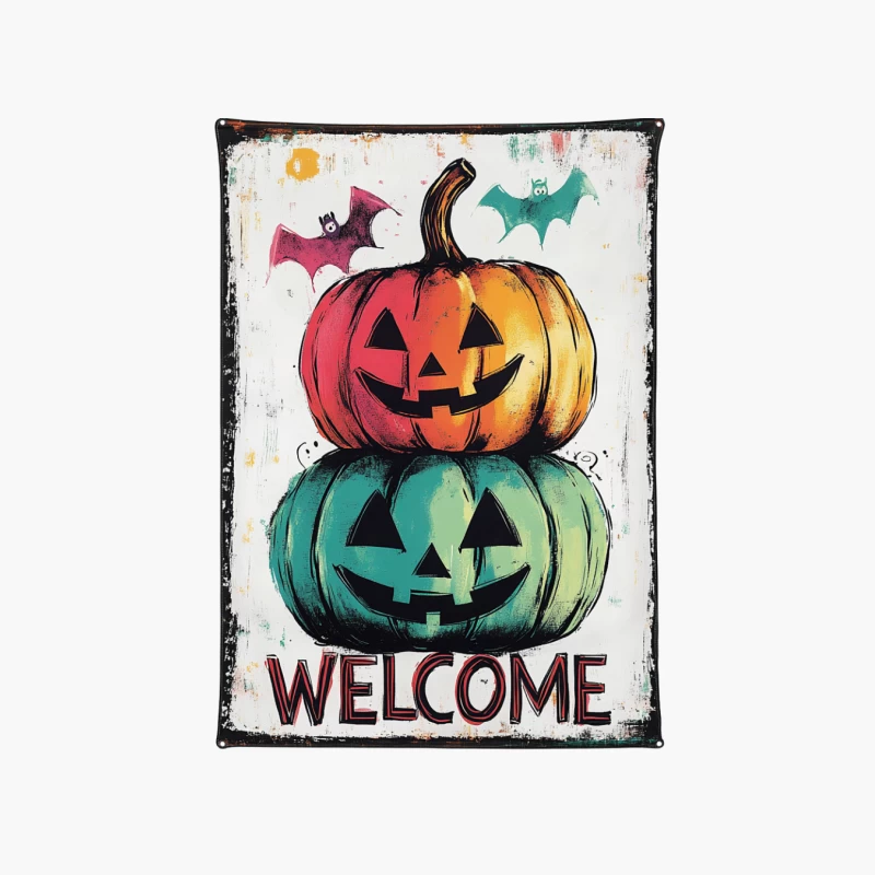 Vintage Halloween Welcome Sign with Stacked Pumpkins and Bats Cotton Tote Bag