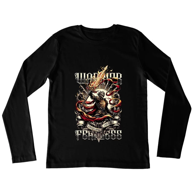 Unyielding Courage: Dark Fantasy Warrior with Flaming Sword Female Long Sleeve T-Shirt