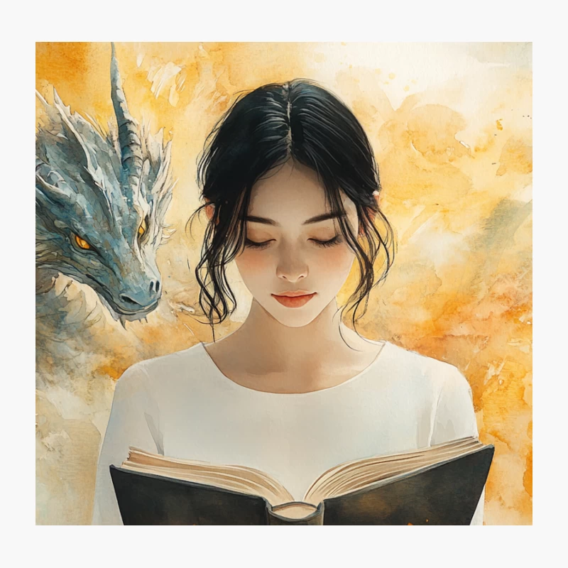 Imaginative Reading: Girl and Dragon in Watercolor Fantasy Throw Pillow