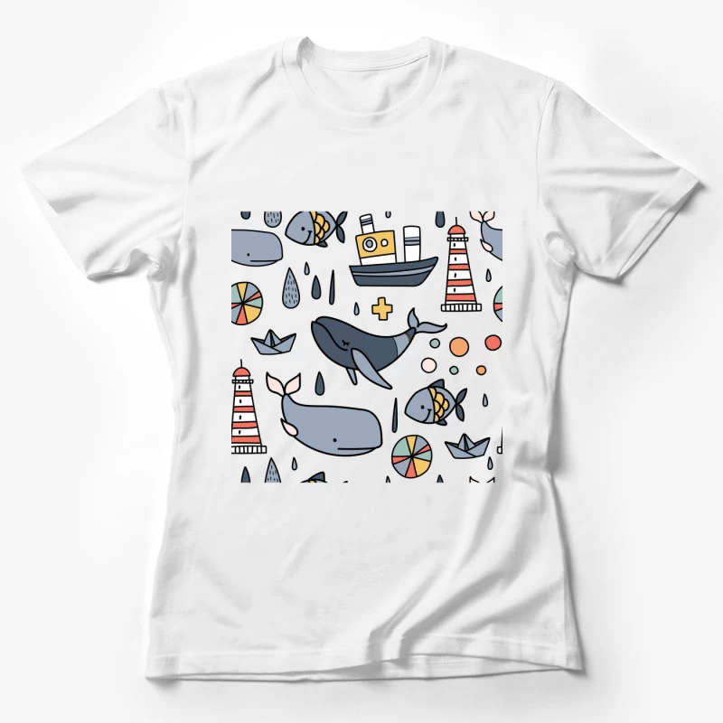 Scène marine ludique avec baleines et phare Femme T-Shirt