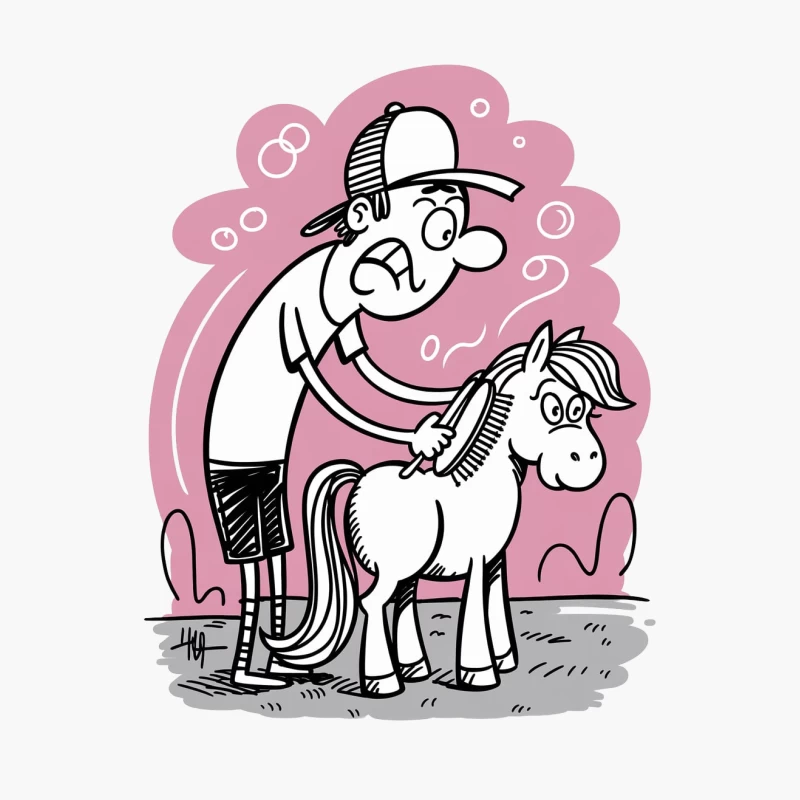 Comical Horse Grooming Scene: Man Brushes Tiny Steed Cotton Tote Bag