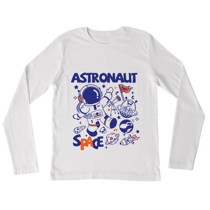 Astronaut im Weltraum mit Rakete und Planeten Damen Langarm T-Shirt