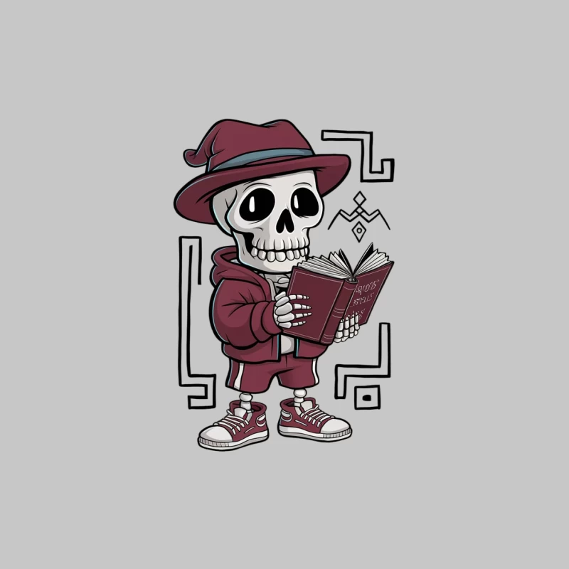 Cute Cartoon Skeleton Reading Book in Fedora and Sneakers Female Long Sleeve T-Shirt