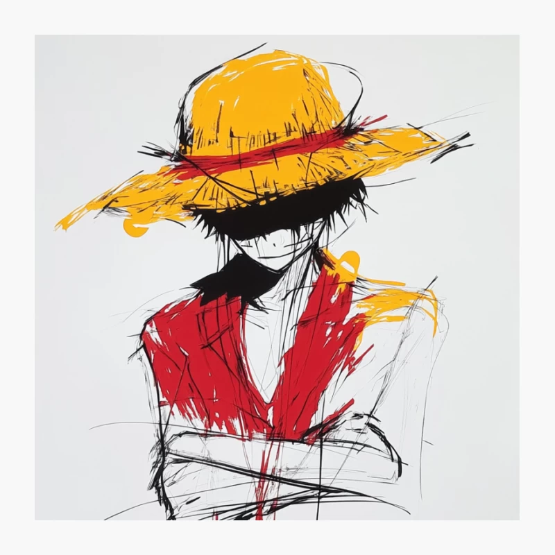 Minimalist Fashion Sketch: Figure in Yellow Hat and Red Outfit Pin