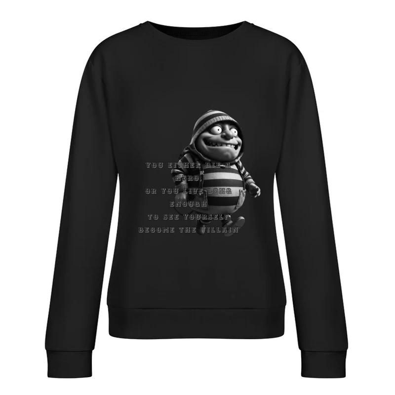 Dark Humorous Villain Quote with Animated Character in Black and White Female Pullover Sweatshirt