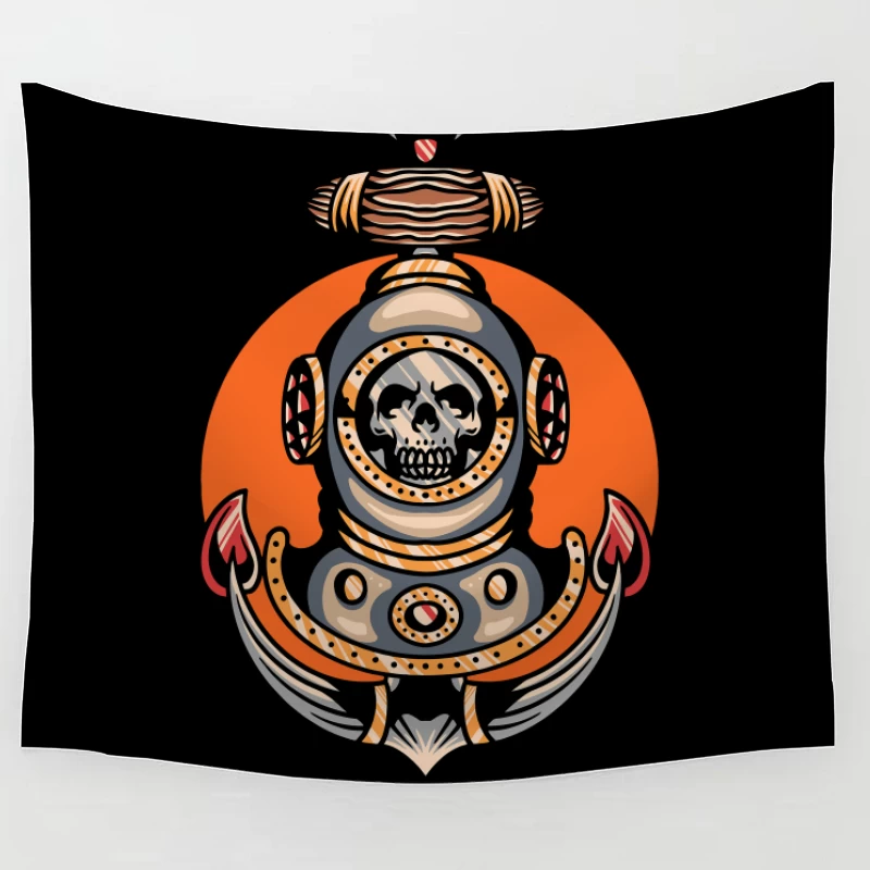 Vintage Nautical Skull Diving Helmet Illustration Tapestry