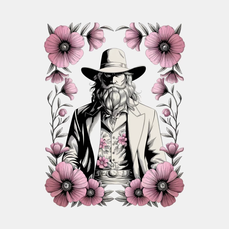 Bearded Cowboy Portrait Surrounded by Pink Floral Illustration Male Tank Top