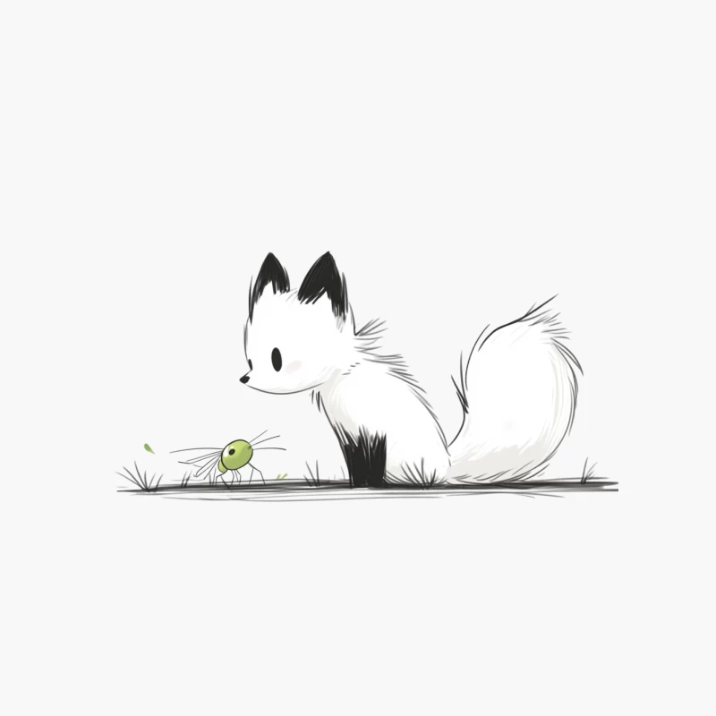 Cute Minimalist Fox and Bug Illustration in Black and White Cotton Tote Bag