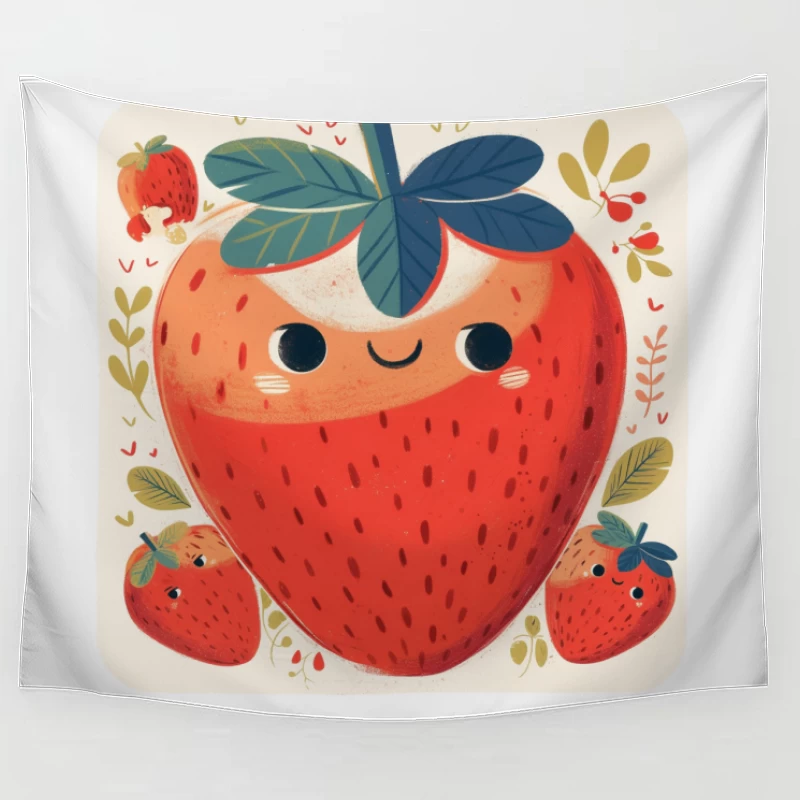 Adorable Kawaii Strawberry Family Illustration Tapestry