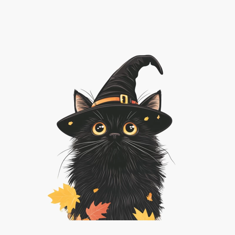 Adorable Halloween Black Cat with Witch Hat and Autumn Leaves Cotton Tote Bag