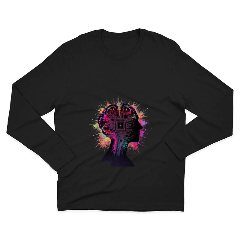 Digital Mind: AI Circuit Profile with Colorful Neural Splashes Male Long Sleeve T-Shirt