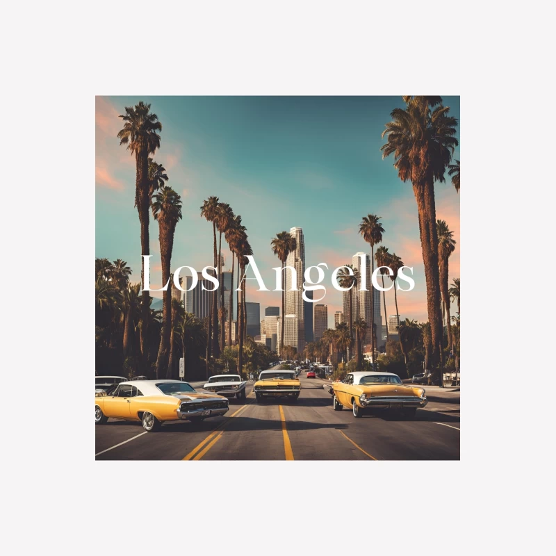 Los Angeles cityscape palm trees vintage cars urban scenery retro aesthetic skyline Female T-Shirt