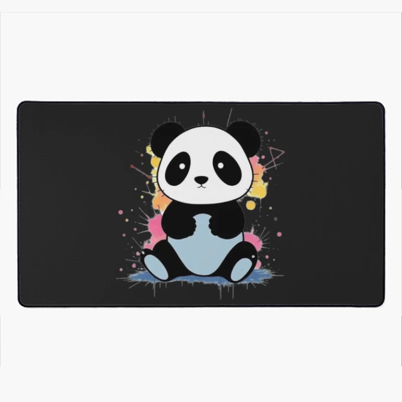 Adorable Cartoon Panda with Watercolor Splash Background Desk Mat