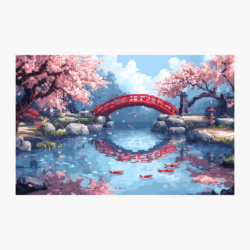 Pixel Art of Tranquil Japanese Garden with Cherry Blossoms and Red Bridge Travel Mug