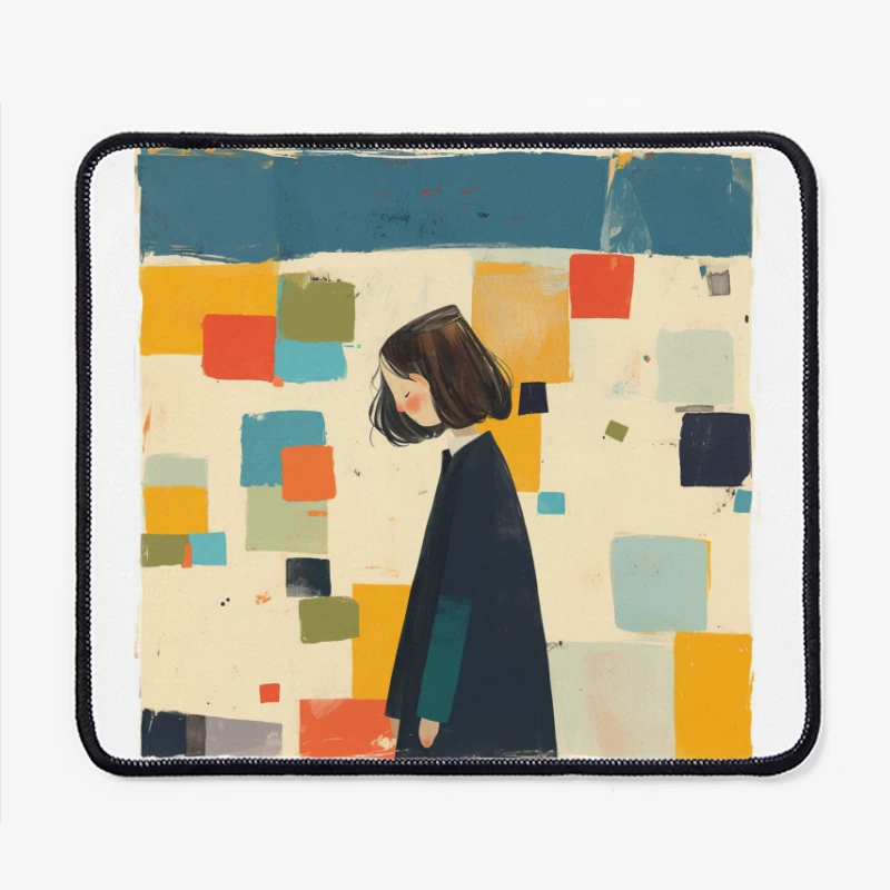 Minimalist Illustration of Figure in Black Coat Against Colorful Abstract Squares Mouse Pad