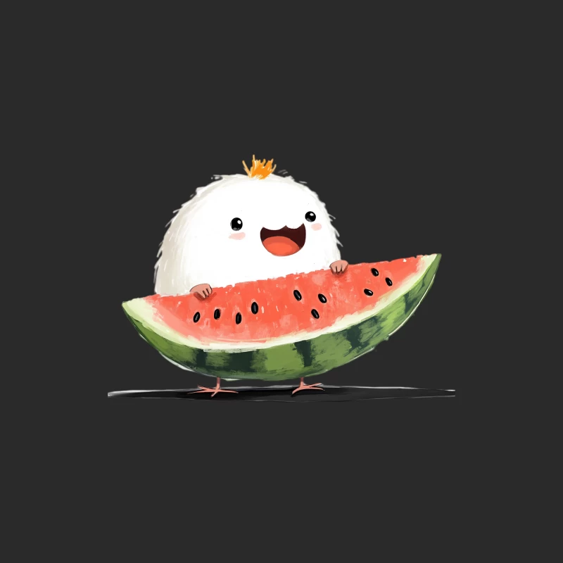 Cute White Creature Enjoying Watermelon Digital Illustration Baseball Cap
