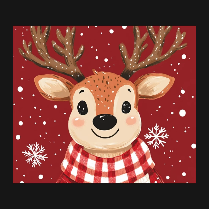 Cute Cartoon Reindeer with Christmas Scarf on Snowy Red Background Mouse Pad