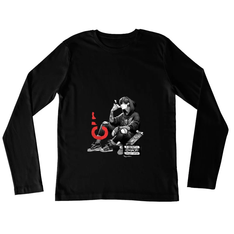 Urban Street Culture: Monochrome Skater Art with Parental Advisory Female Long Sleeve T-Shirt