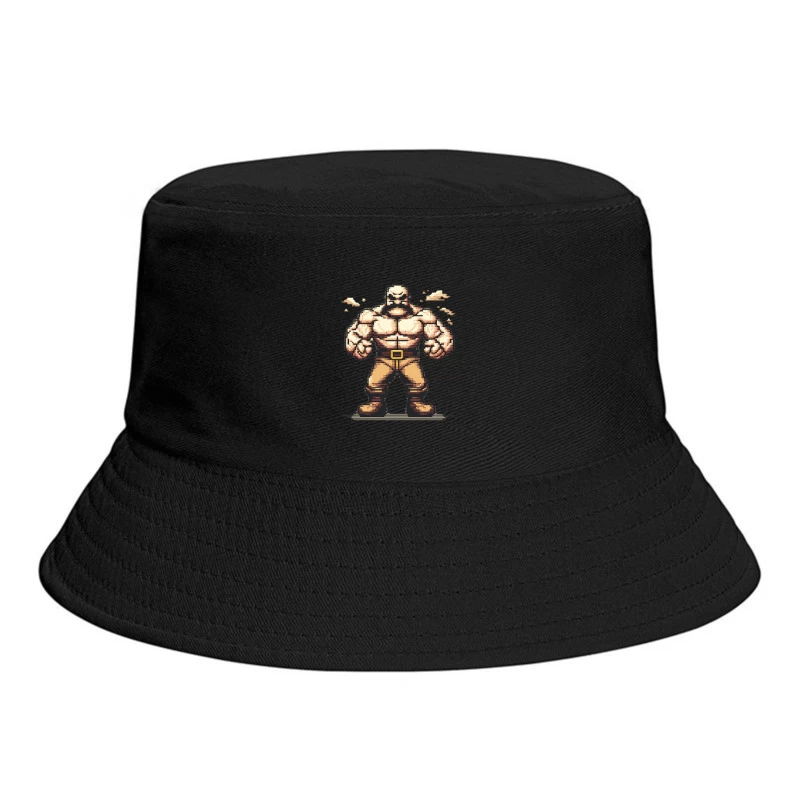 Muscular Pixel Art Fighter Character in Retro Gaming Style Bucket Hat