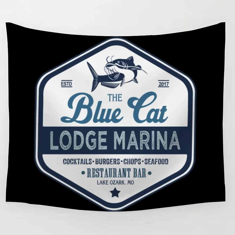 The Blue Cat Lodge Marina Restaurant and Bar - Vintage Nautical Logo Design Tapestry