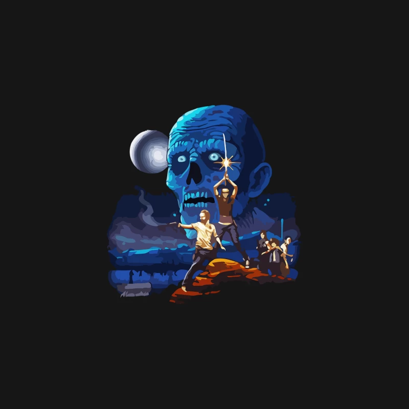 Thrilling Adventure: Characters Face Giant Blue Skull Desk Mat