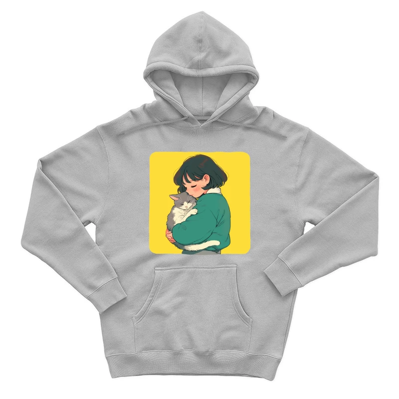 Gentle Embrace: Girl in Green Cuddling Gray Cat Male Pullover Hoodie