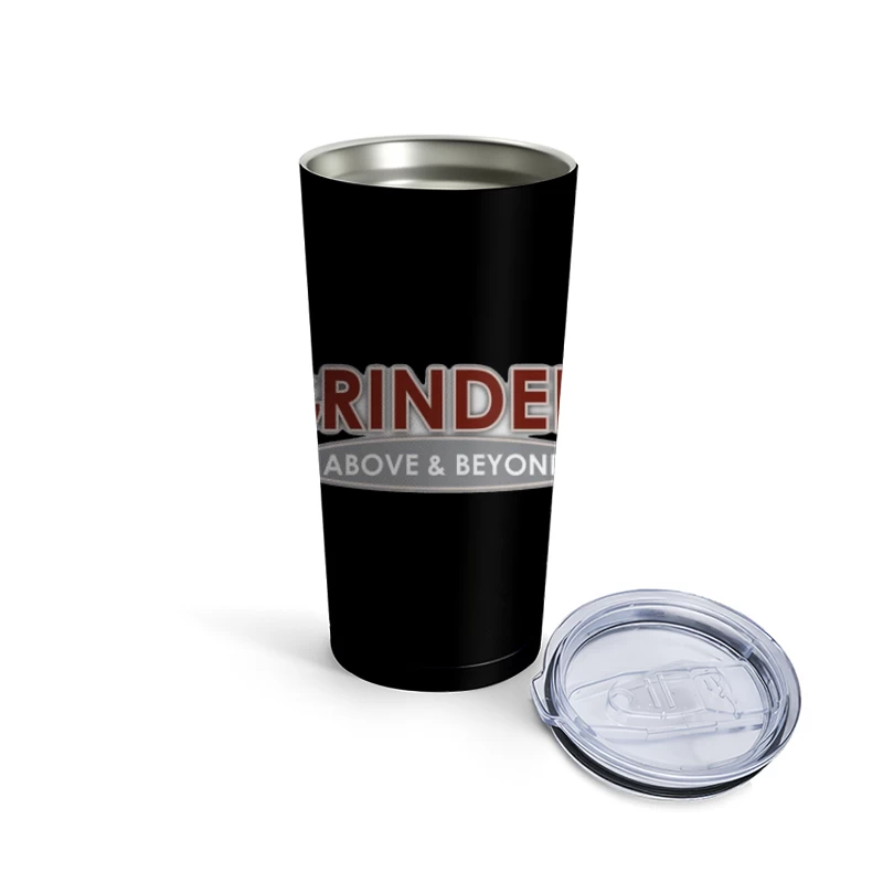 Grinders Restaurant Logo with Metallic Stars and Red Text Travel Mug